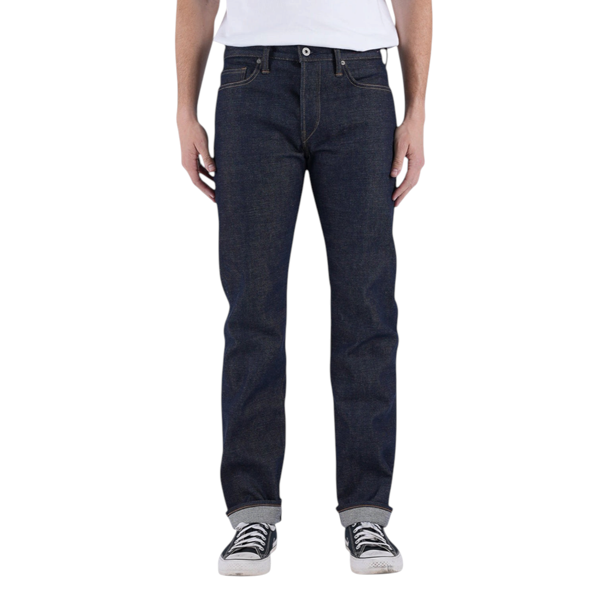 MILWORKS Kato Hammer Straight 14.5 oz tea core raw denim jeans in dark indigo with a classic straight leg fit