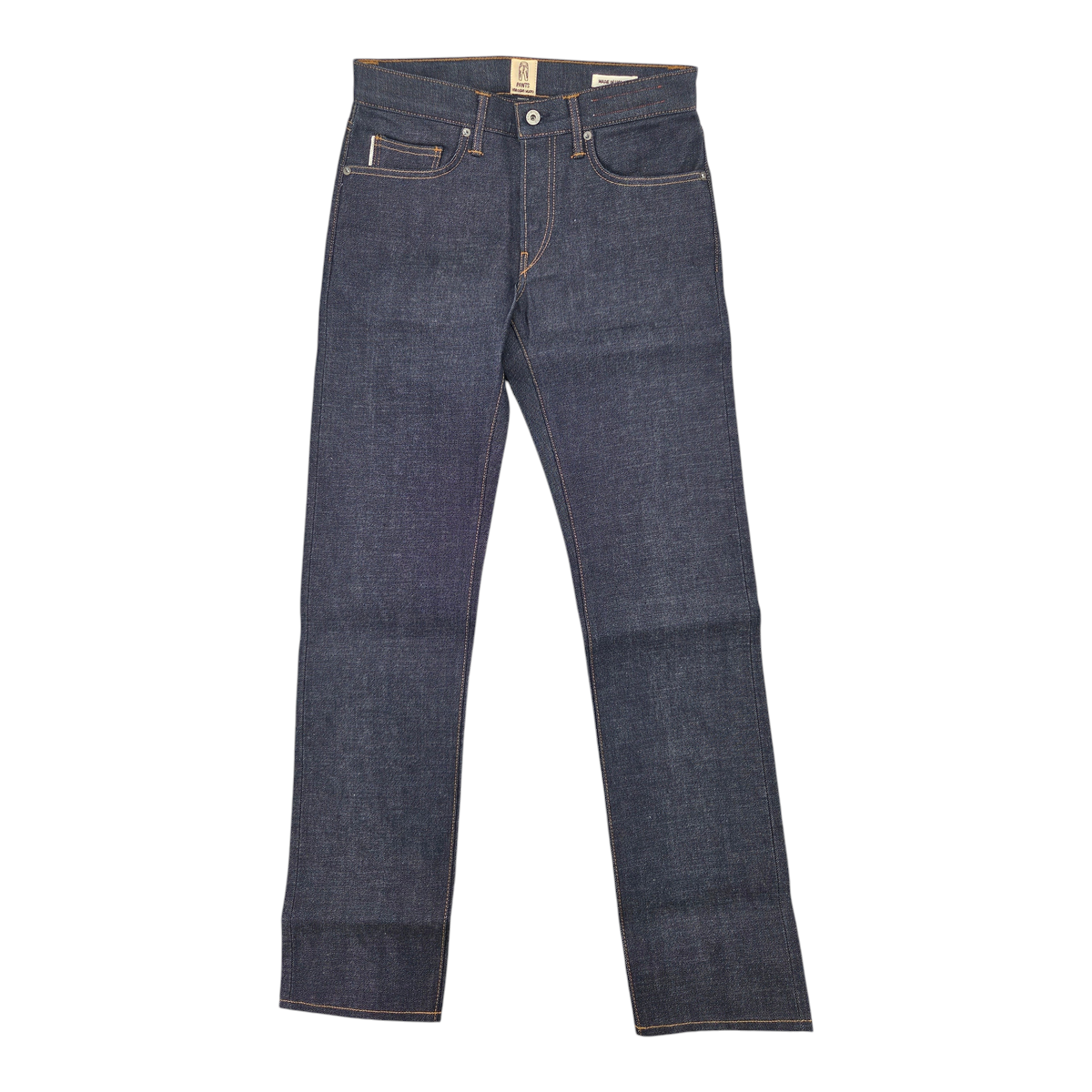 MILWORKS Kato Hammer Straight 14.5 oz tea core raw denim jeans in dark indigo with contrast stitching