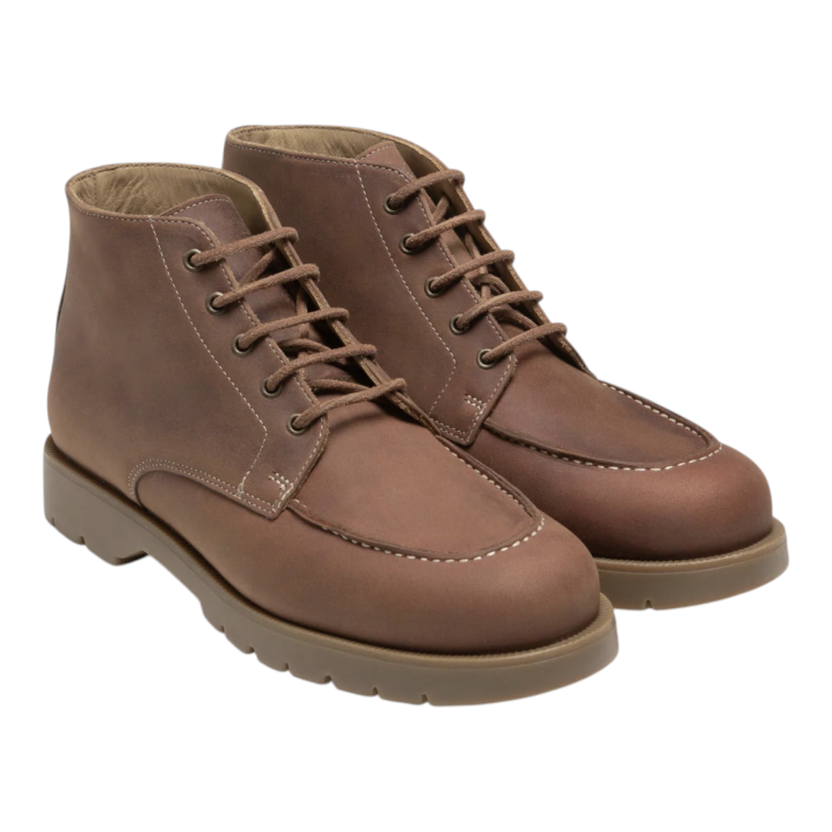 MILWORKS KLEMAN Oxal N Sioux cognac nubuck leather lace-up boots with a stitched moccasin toe and notched rubber sole.