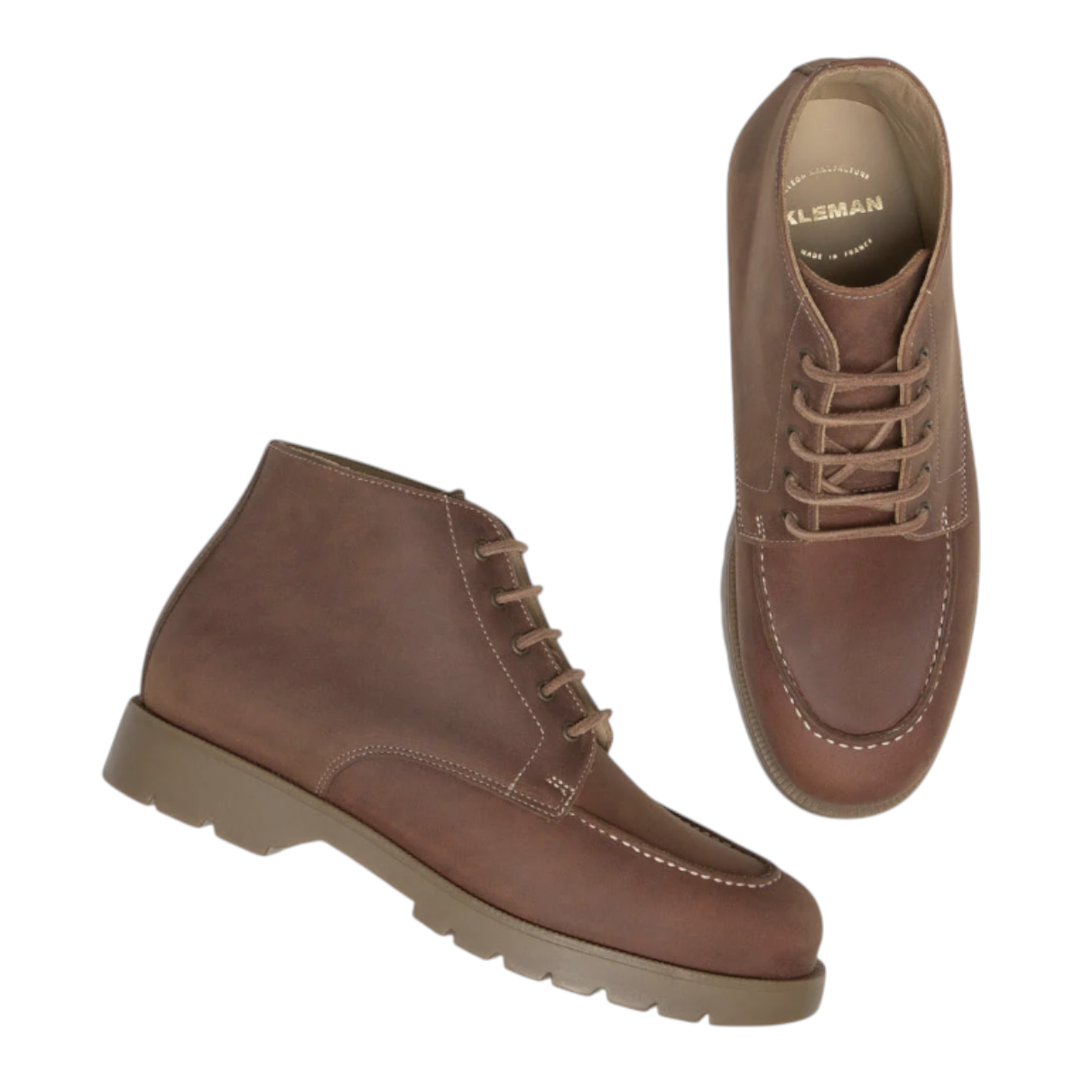 MILWORKS KLEMAN Oxal N Sioux cognac nubuck lace-up boots with a stitched moccasin toe and notched rubber sole.