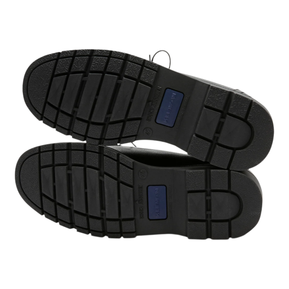 MILWORKS Kleman Padror G VGT black derby shoes showing the durable rubber outsoles with shock absorber branding