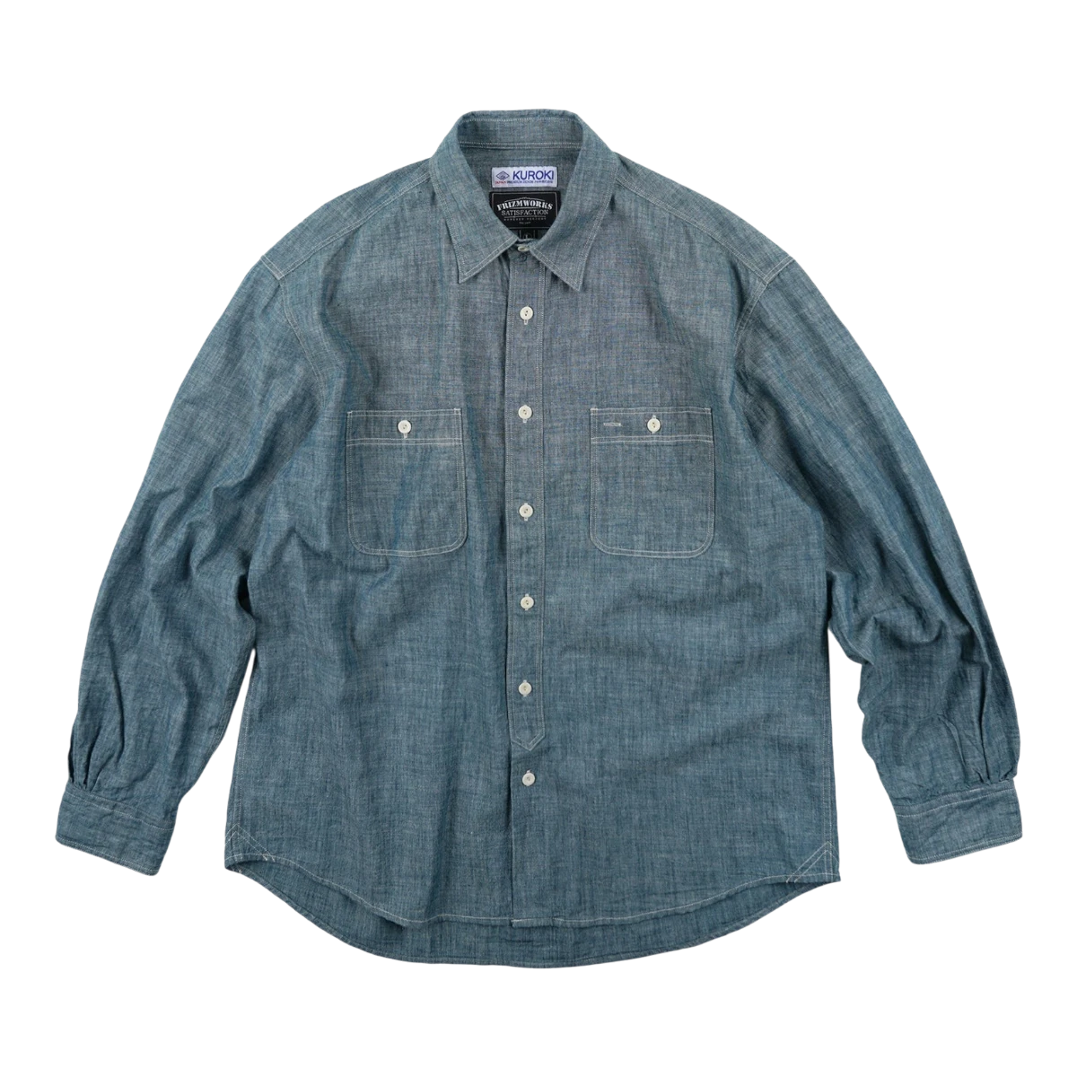 MILWORKS blue Kuroki cotton chambray work shirt with dual chest pockets, button front, and reinforced stitching.