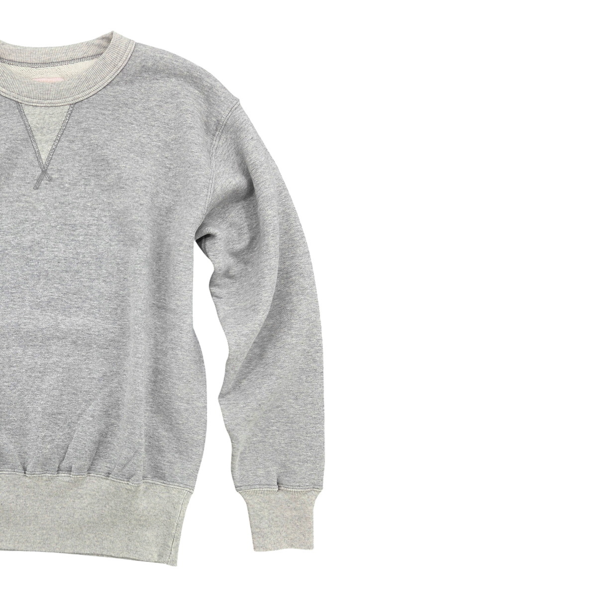 MILWORKS Laniakea loopwheel crew neck sweatshirt in Hambledon grey featuring a vintage V-insert and ribbed cuffs.