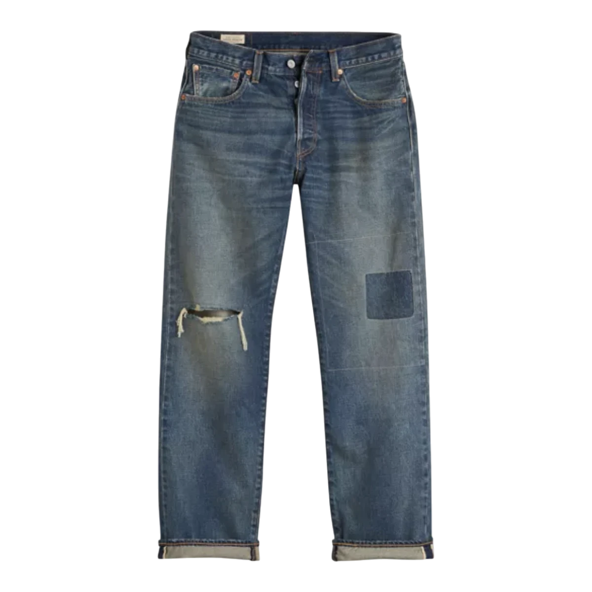 MILWORKS Levi's 501 Original Nevada Farmers selvedge jeans in a worn blue wash with distressed knee and patch detail.