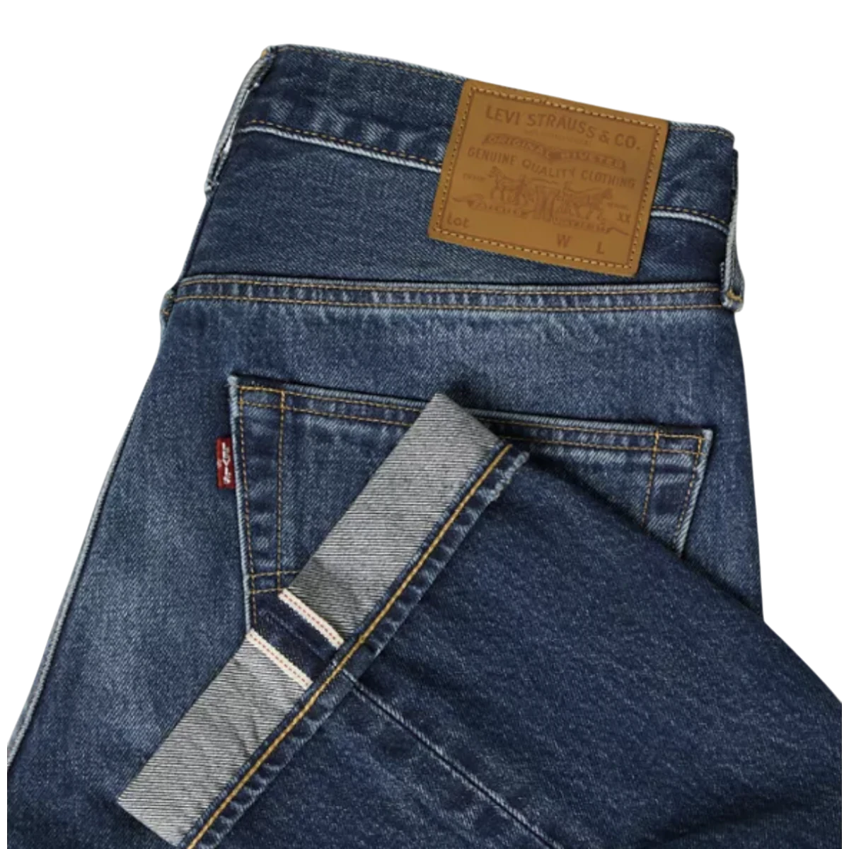 MILWORKS Levi's 501 Original selvedge jeans in medium wash denim with a classic leather back patch and cuffed hem