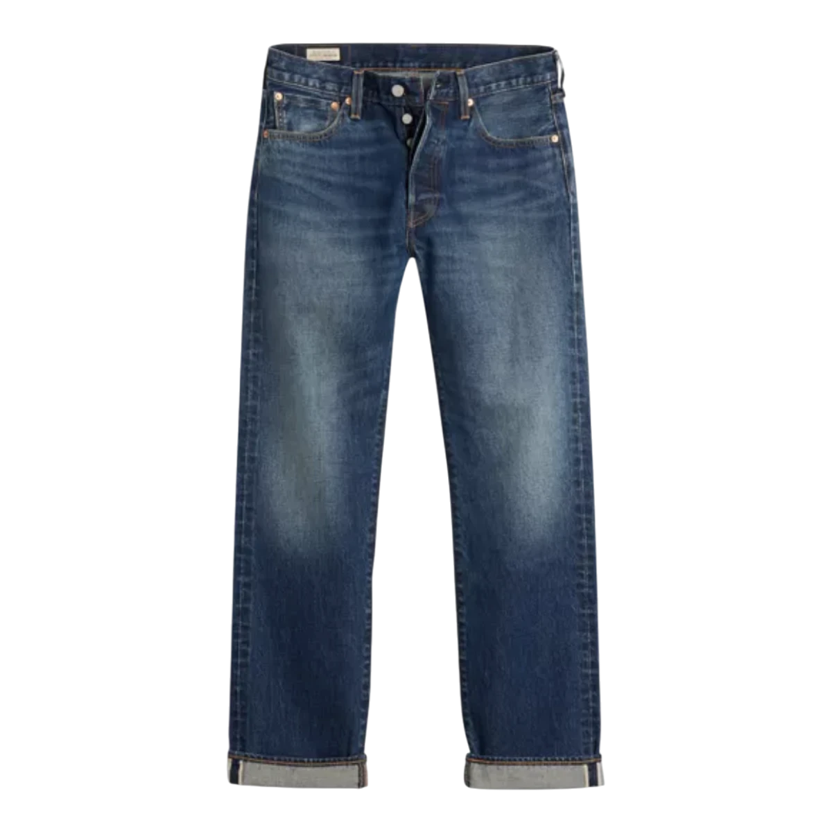 MILWORKS Levi's 501 Original selvedge jeans in a medium wash with a classic straight leg and cuffed hem.