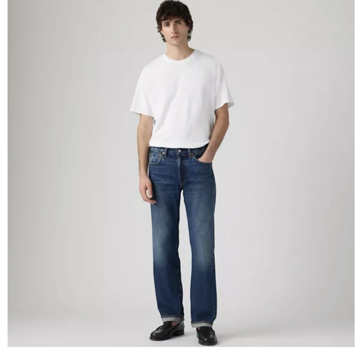 MILWORKS Levi's 501 Original selvedge jeans in medium wash worn by a model with a white t-shirt and black loafers