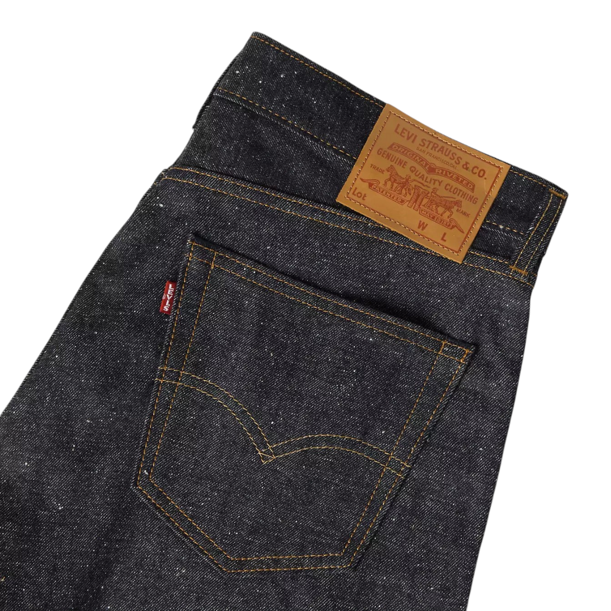 MILWORKS Levi's 505 Neppy Rigid Selvedge dark wash jeans featuring a leather back patch and signature arcuate stitching