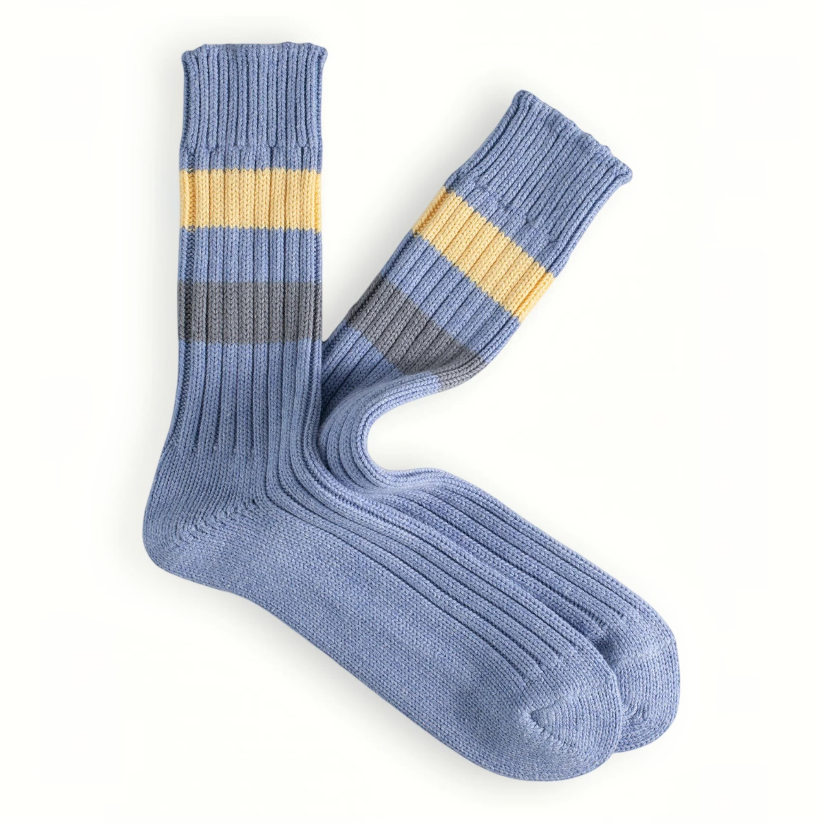 MILWORKS Urban collection light blue ribbed cotton socks with yellow and grey stripes on the leg.