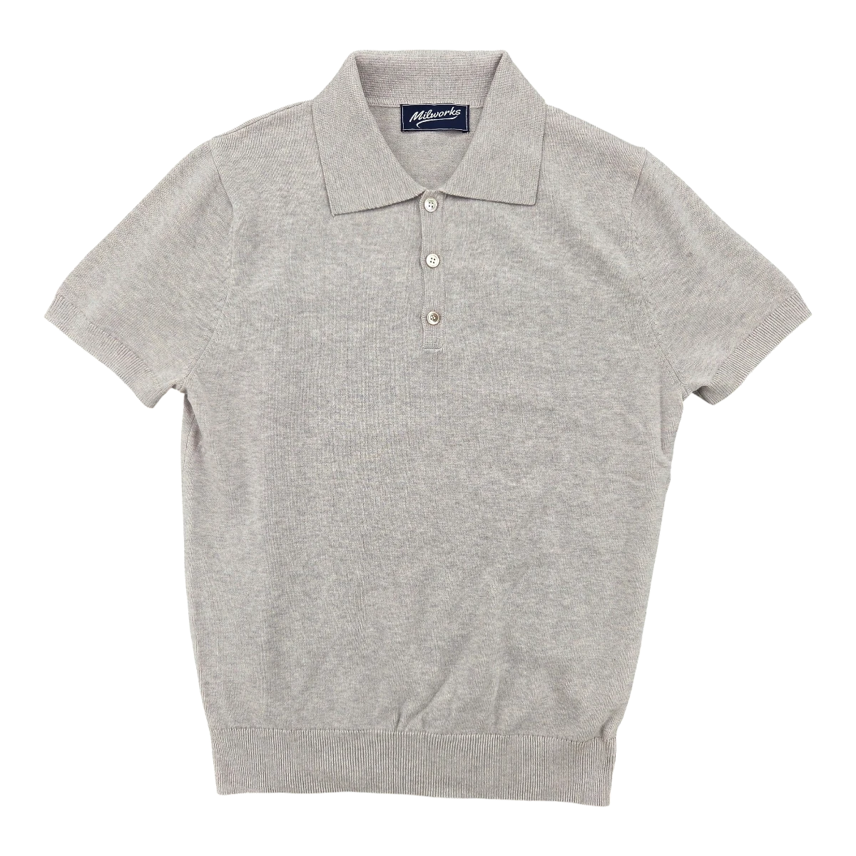 MILWORKS light grey short sleeve knit polo shirt with a spread collar and three button placket. Made from a cotton-cashmere blend.