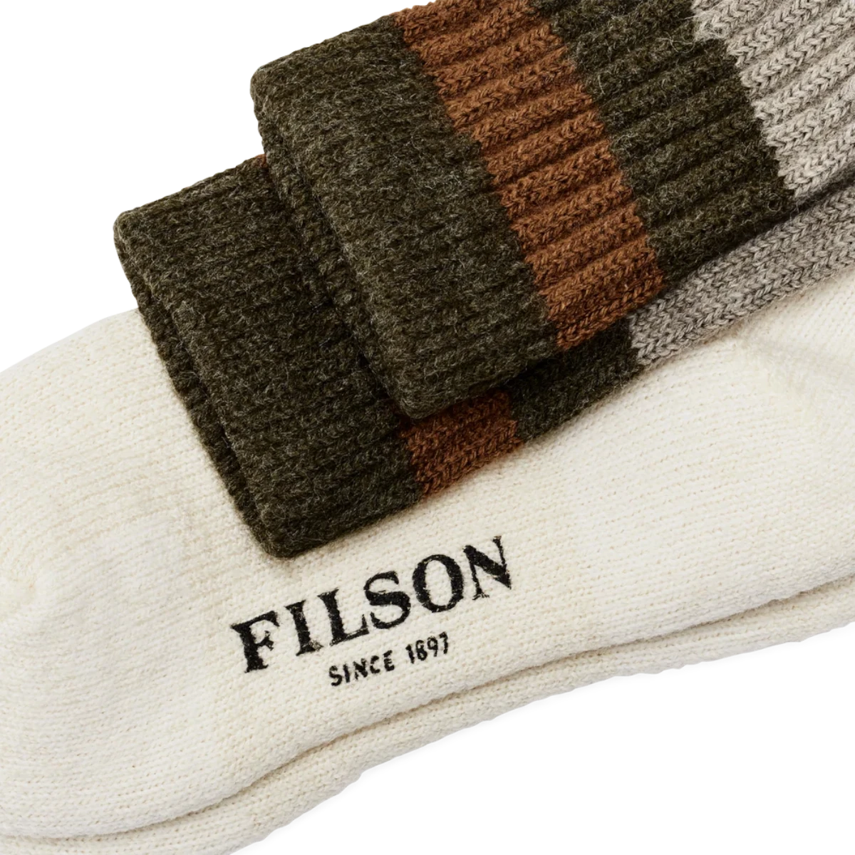 MILWORKS 1970s Logger thermal socks in cream, olive green, and brown wool blend with ribbed cuffs and Filson branding.