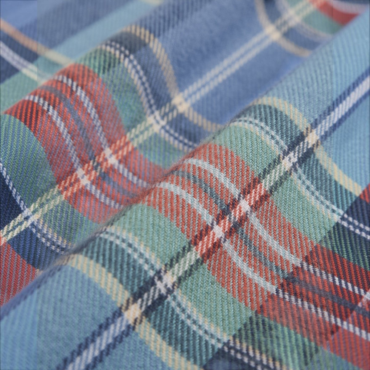 MILWORKS Lucia plaid flannel shirt fabric in blue, green, and red cotton with a soft brushed texture