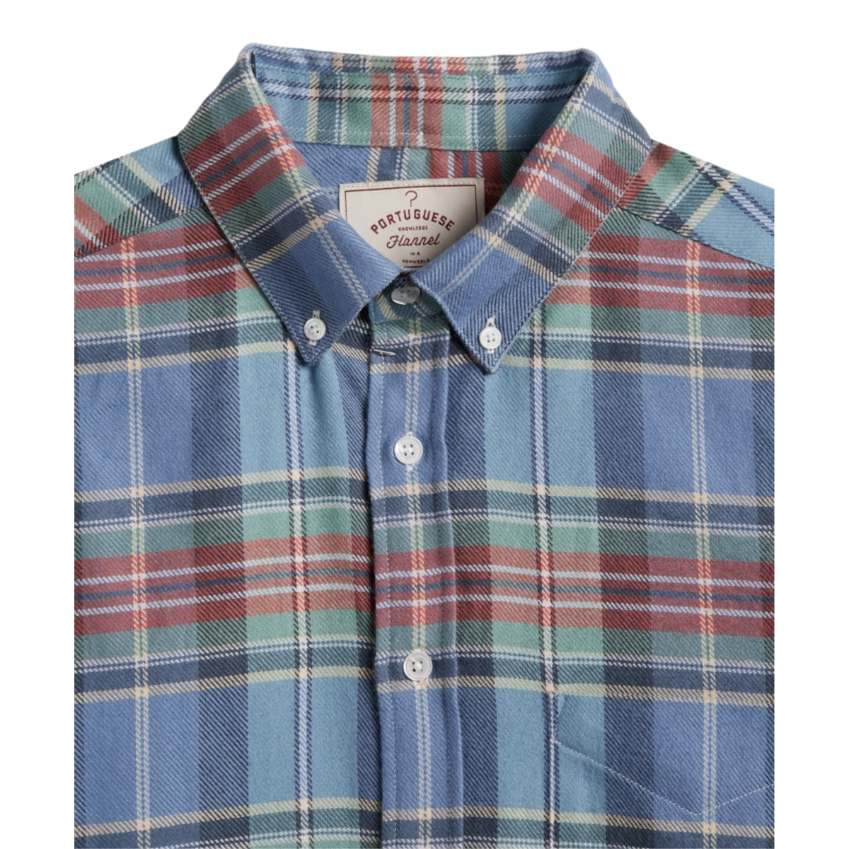 MILWORKS Lucia plaid flannel shirt in blue with red and green check pattern and mother of pearl buttons