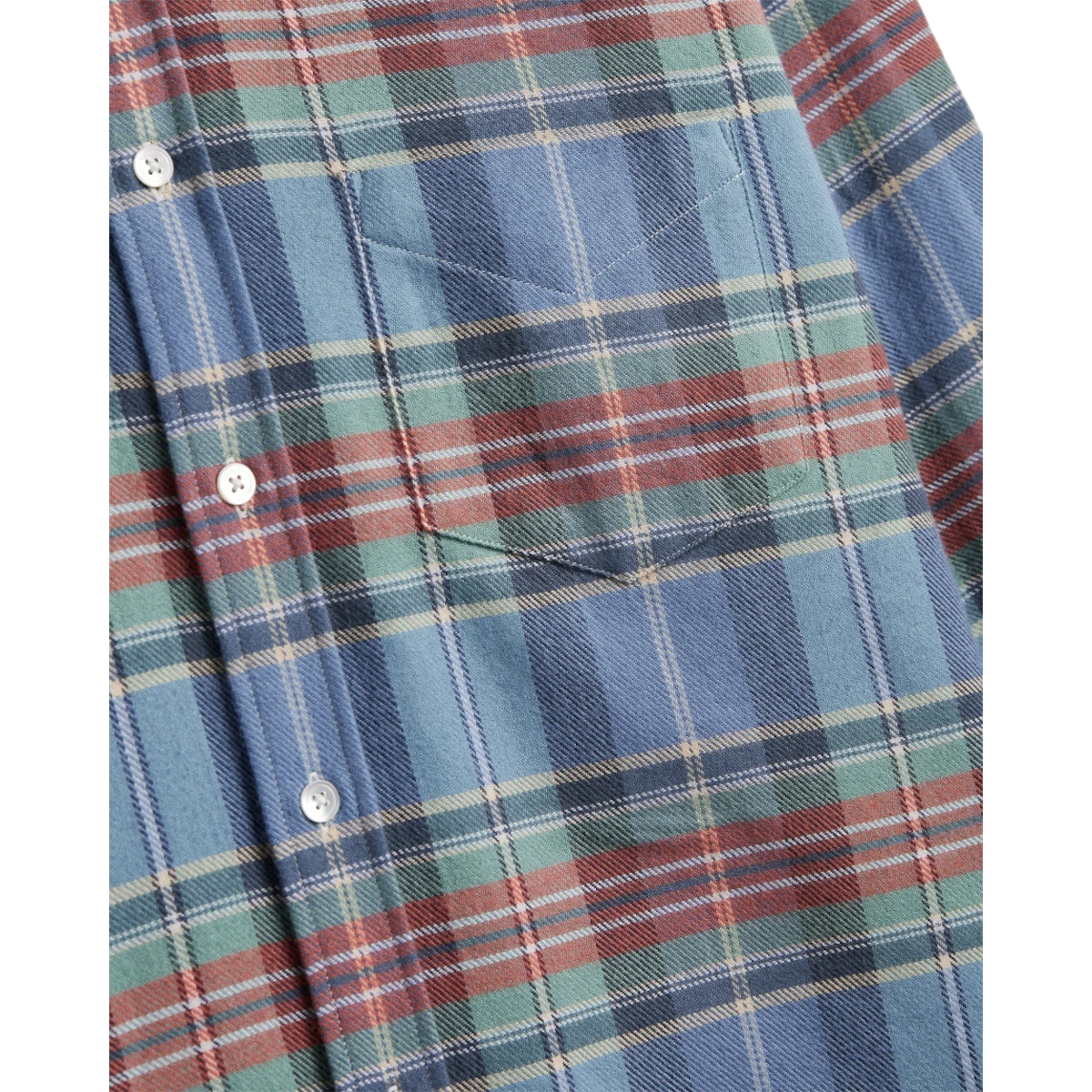 MILWORKS Lucia plaid flannel shirt in blue, green, and red cotton with mother of pearl buttons and chest pocket