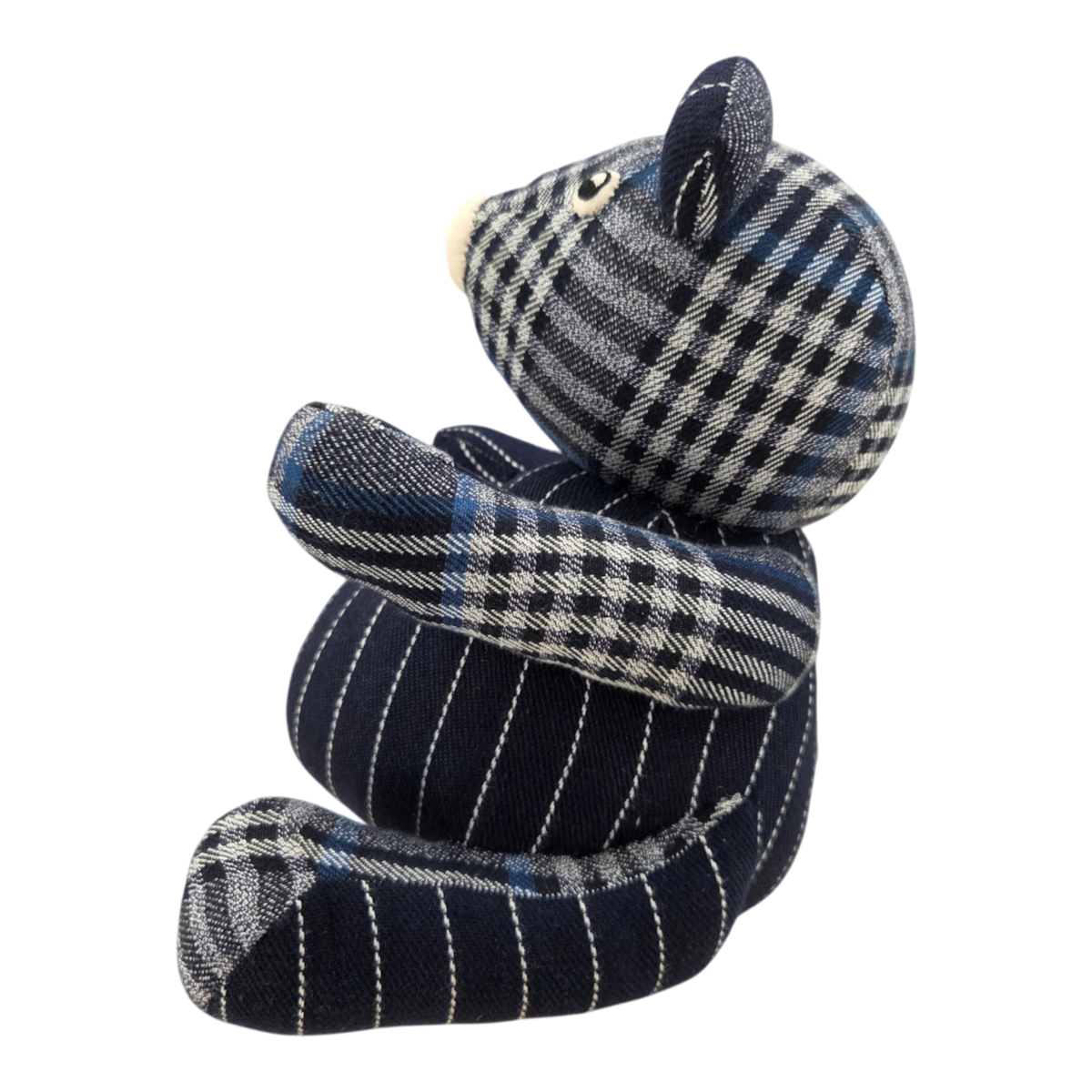 MILWORKS No145 Patch The Madras Bear in grey and blue plaid check with a dark navy pinstripe body