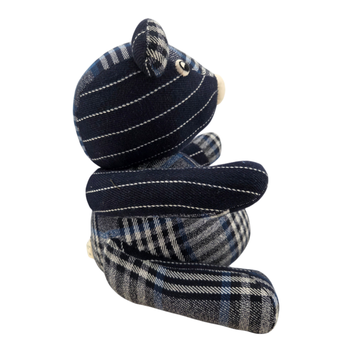 MILWORKS No145 Patch The Madras Bear featuring a mix of grey blue check and dark navy pinstripe fabric patterns.