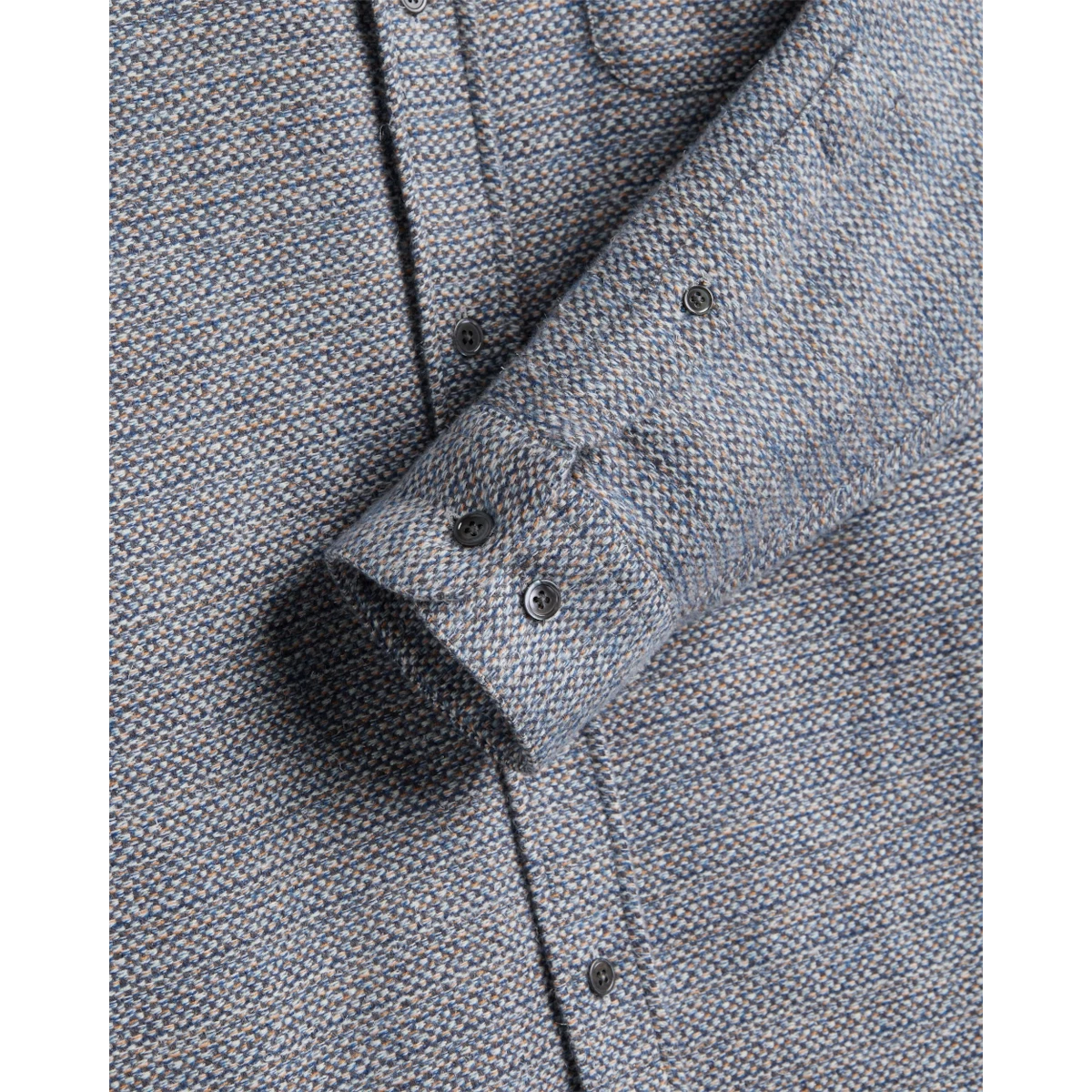 MILWORKS Magson blue flannel shirt featuring textured cotton fabric and dark mother of pearl buttons on the cuff