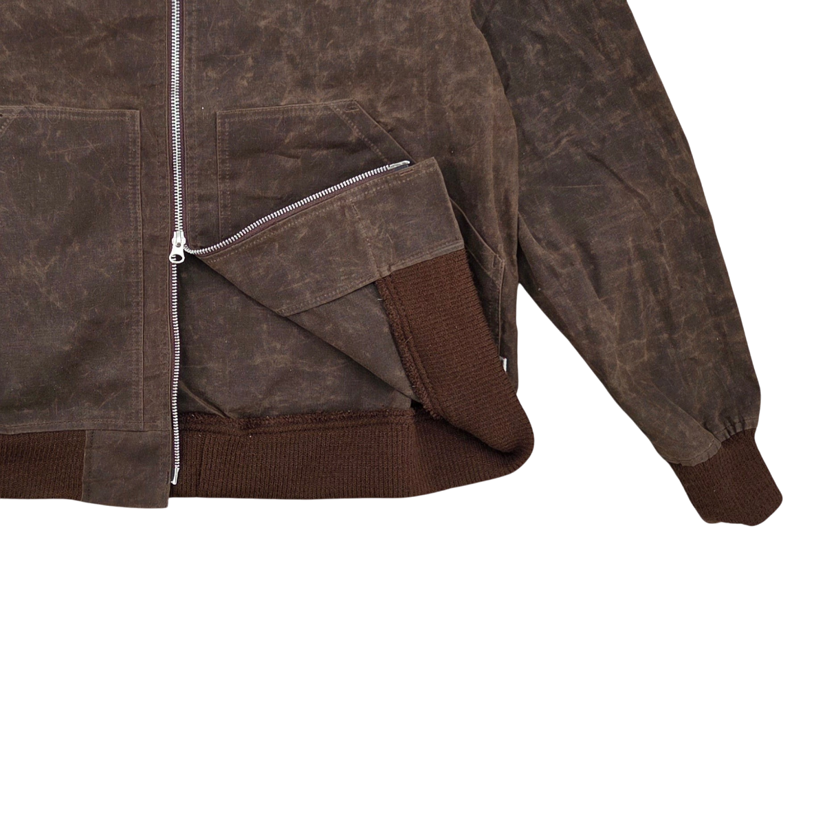 MILWORKS Randy Garments Maine jacket in dark brown waxed sailcloth cotton with ribbed hem and silver zipper detail