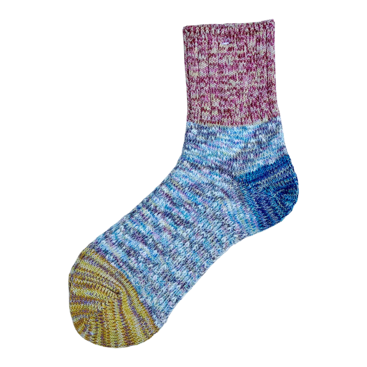 MILWORKS A Hope Hemp thick marled color block socks in purple, blue, and yellow cotton hemp blend, made in Japan.