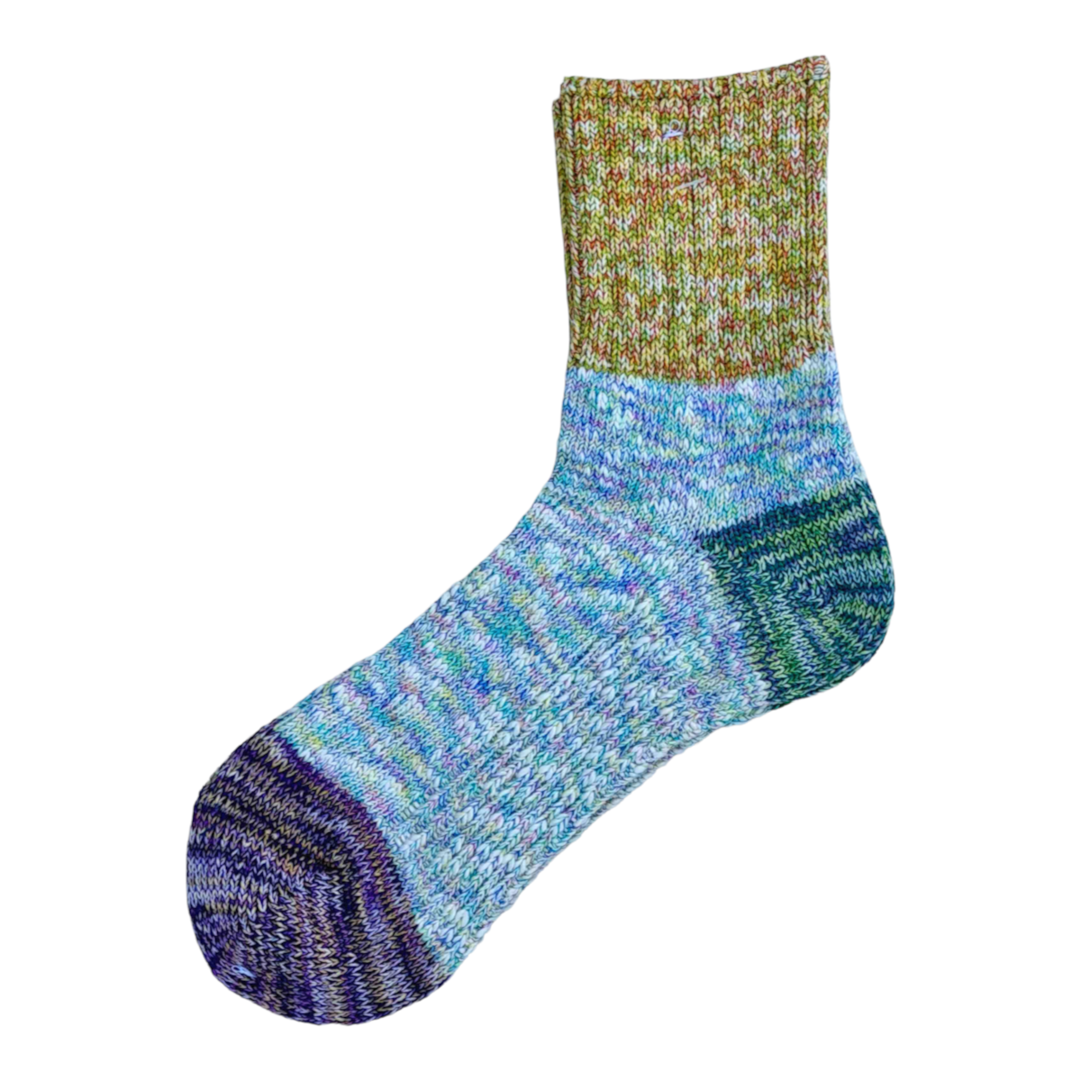 MILWORKS A Hope Hemp thick marled color block socks in purple, blue, and yellow cotton hemp blend, made in Japan.