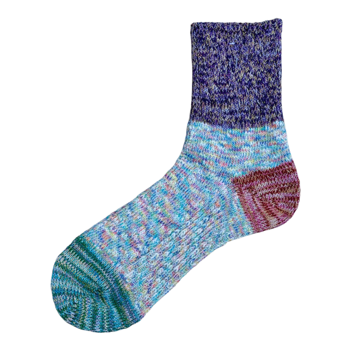 MILWORKS A Hope Hemp thick marled color block socks in blue and orange cotton hemp blend, made in Japan.