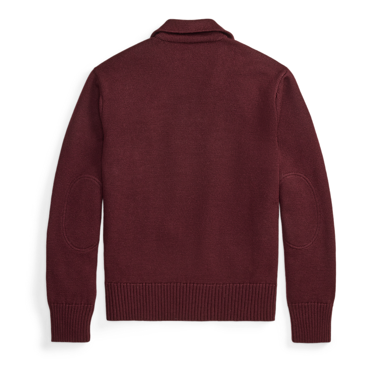 MILWORKS maroon wool quarter-zip sweater with elbow patches and rib-knit hem, back view