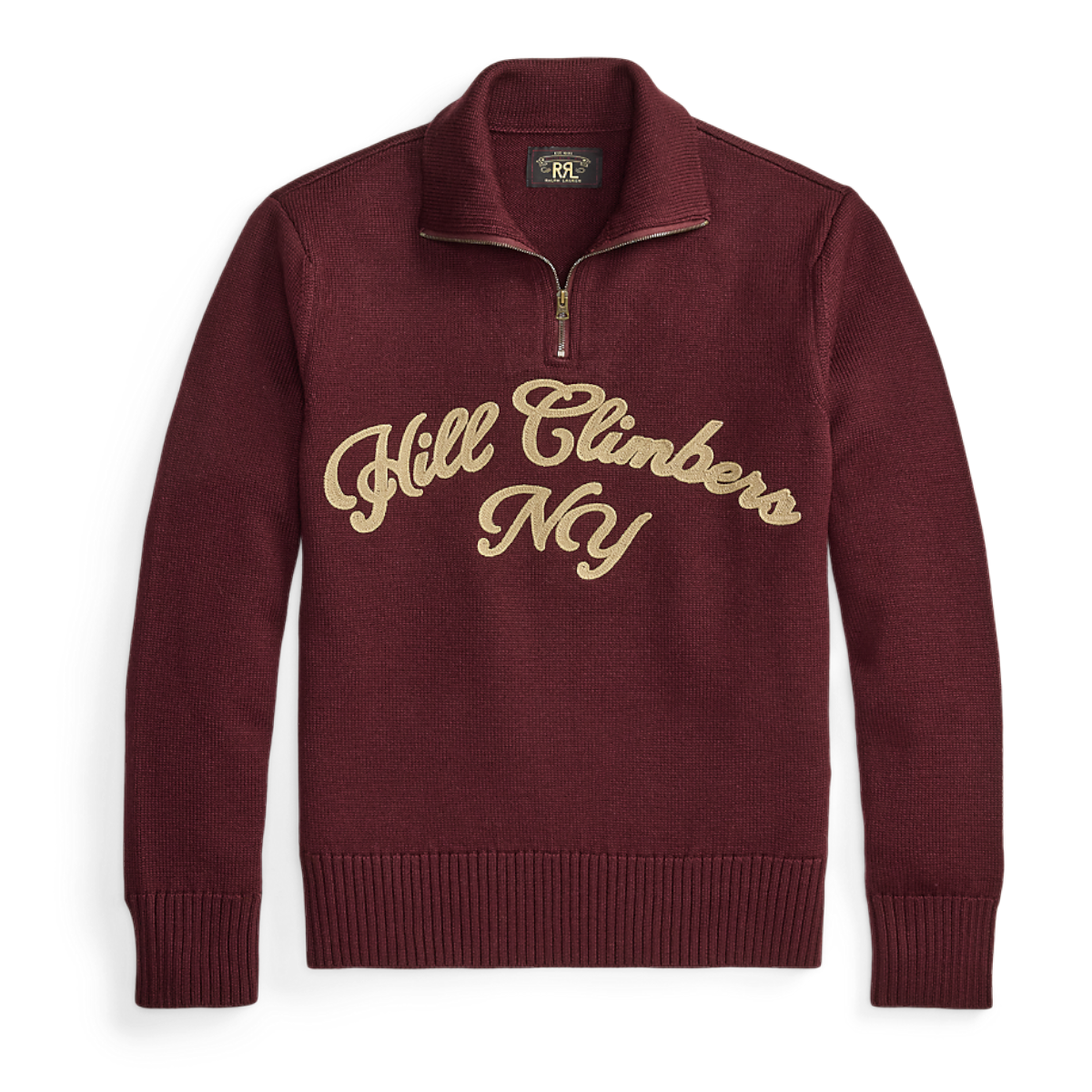 MILWORKS maroon wool quarter-zip sweater with Hill Climbers NY script embroidery and a mockneck collar
