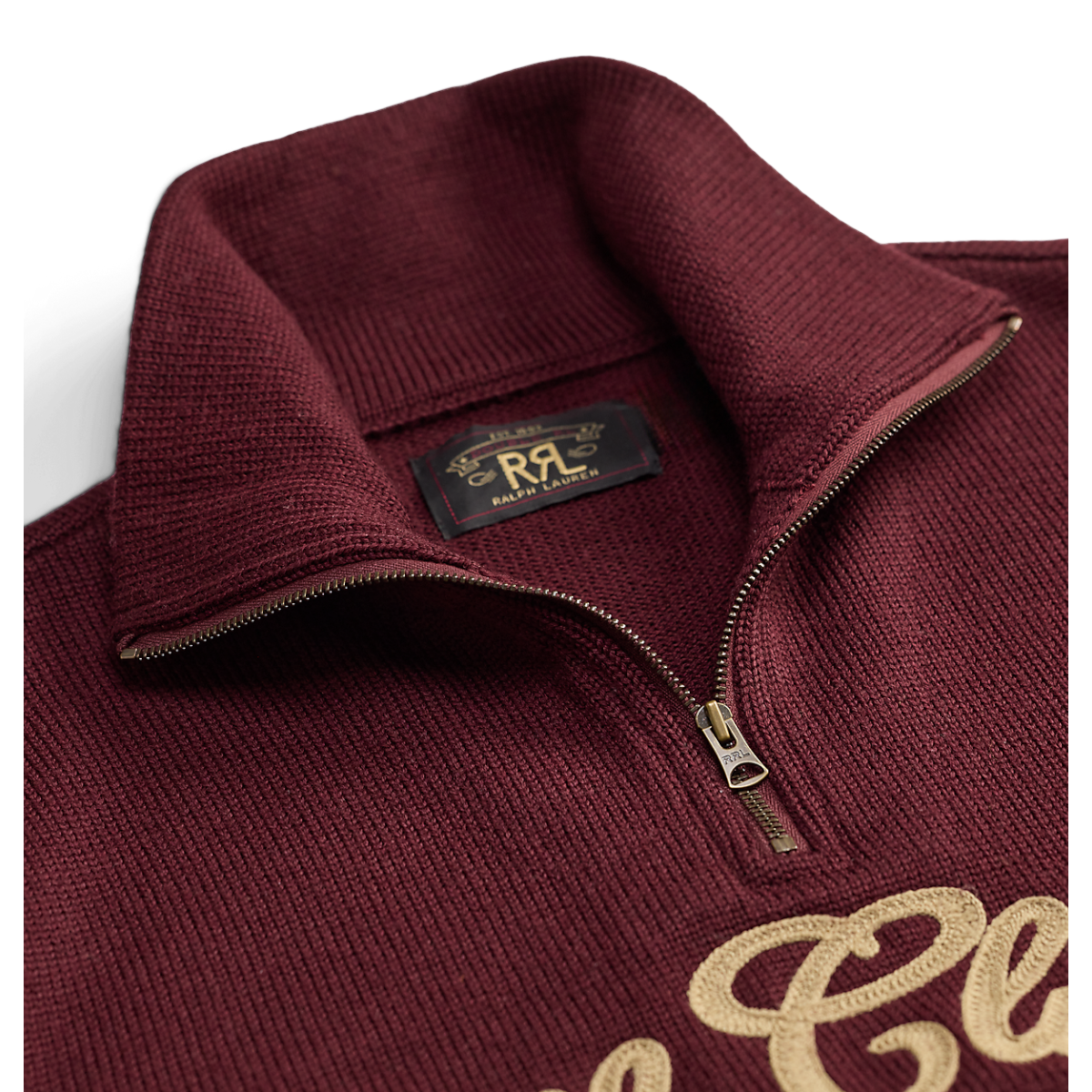 MILWORKS maroon wool quarter-zip sweater with mockneck, metal zipper, and Hill Climbers NY script embroidery