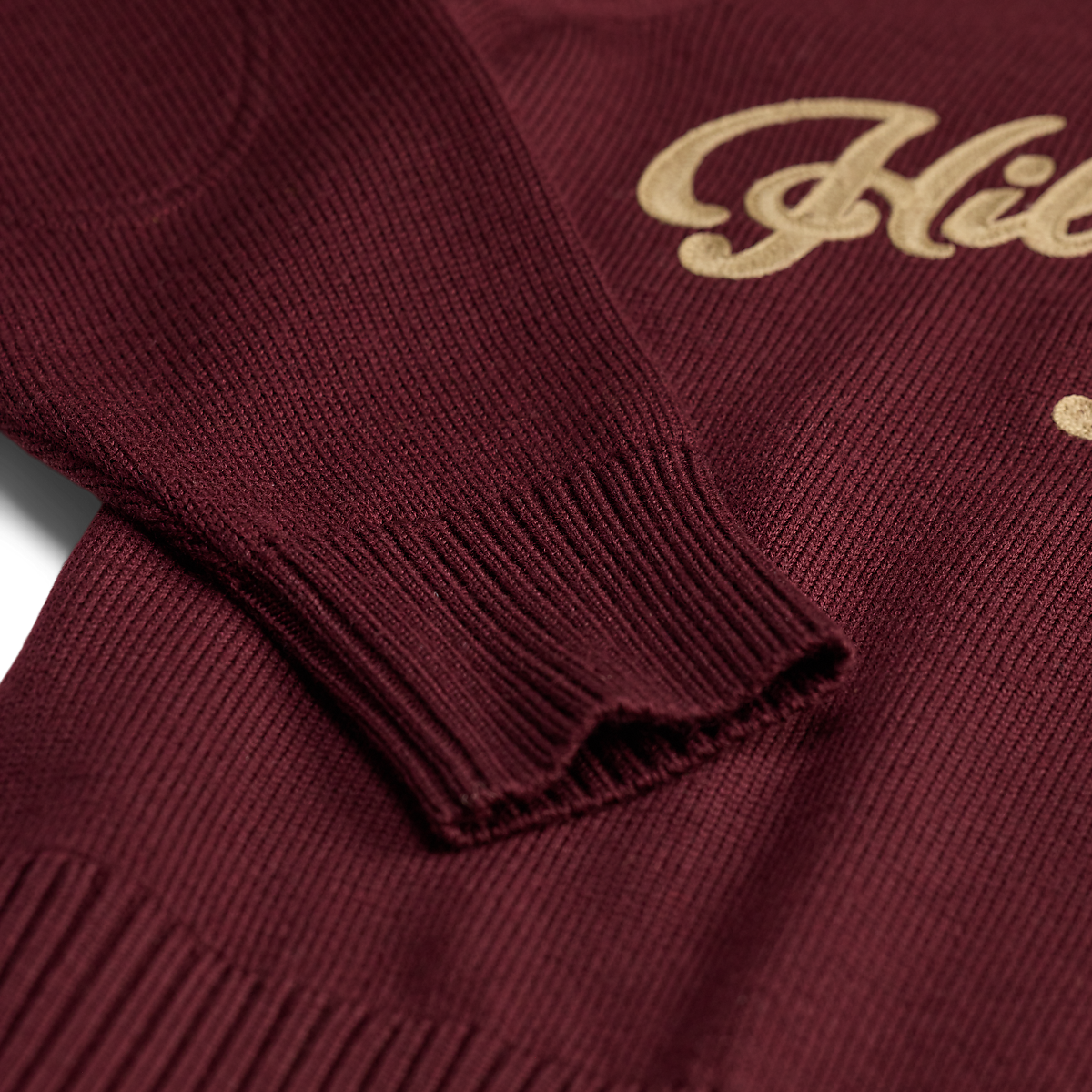 MILWORKS maroon wool quarter-zip sweater featuring Hill Climbers NY script embroidery and rib-knit cuffs