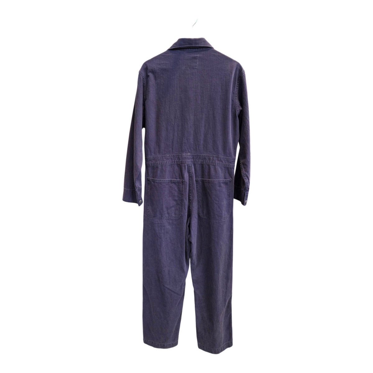 MILWORKS mechanic coverall in deep-blue Japanese herringbone twill with a straight leg and back pockets, back view.