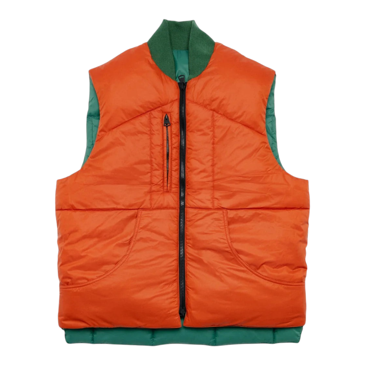 MILWORKS Minarets reversible nylon vest in orange and pickle green with a knit collar and front sweep pockets.