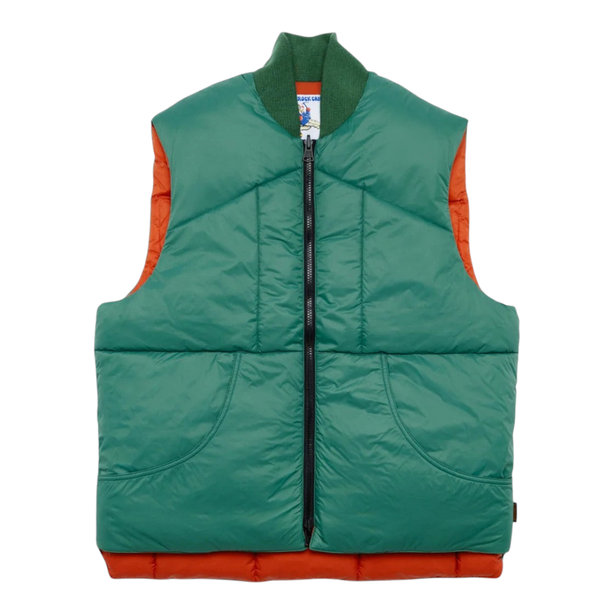 MILWORKS Minarets reversible nylon vest in pickle green and orange with a knit collar and front sweep pockets.