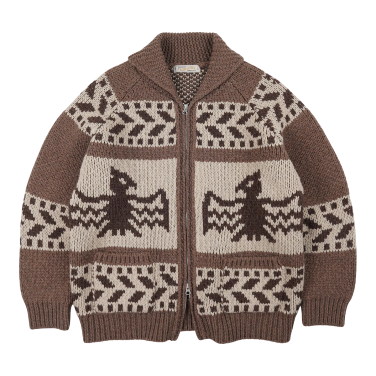 MILWORKS mocha wool blend Cowichan cardigan jacket featuring a graphic thunderbird motif and a two-way zipper.