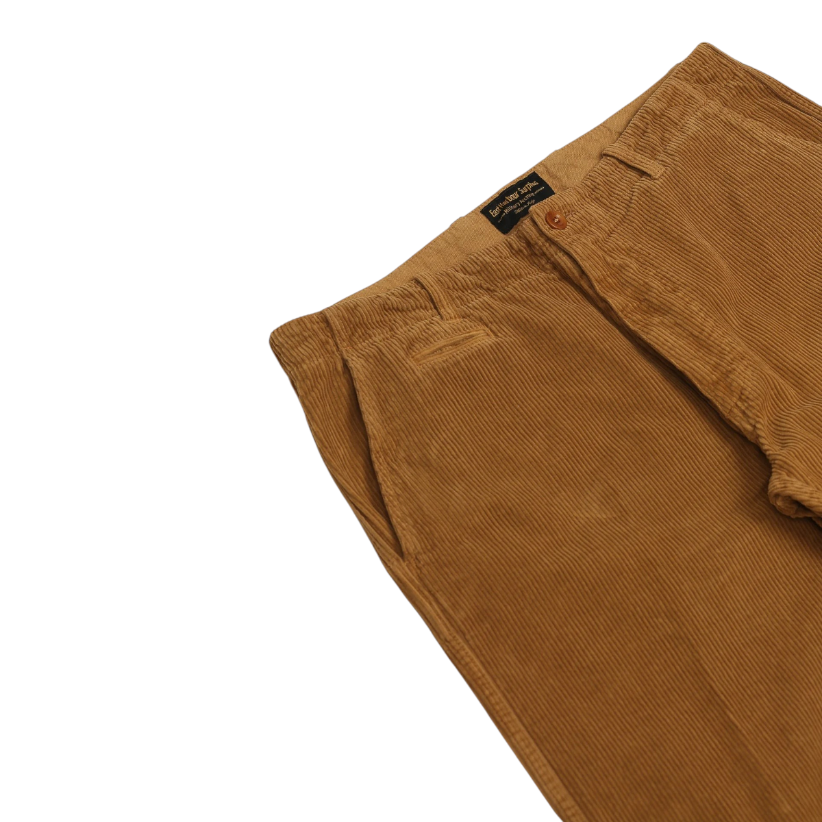 MILWORKS East Harbour Surplus mustard yellow cotton corduroy chino trousers with a relaxed fit and button closure.