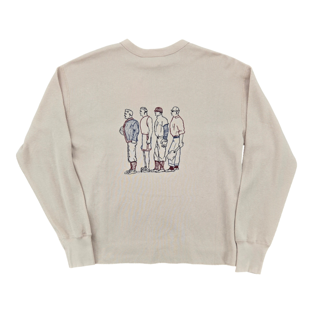 MILWORKS natural thermal long sleeve shirt featuring multicolor vintage baseball player embroidery on the back