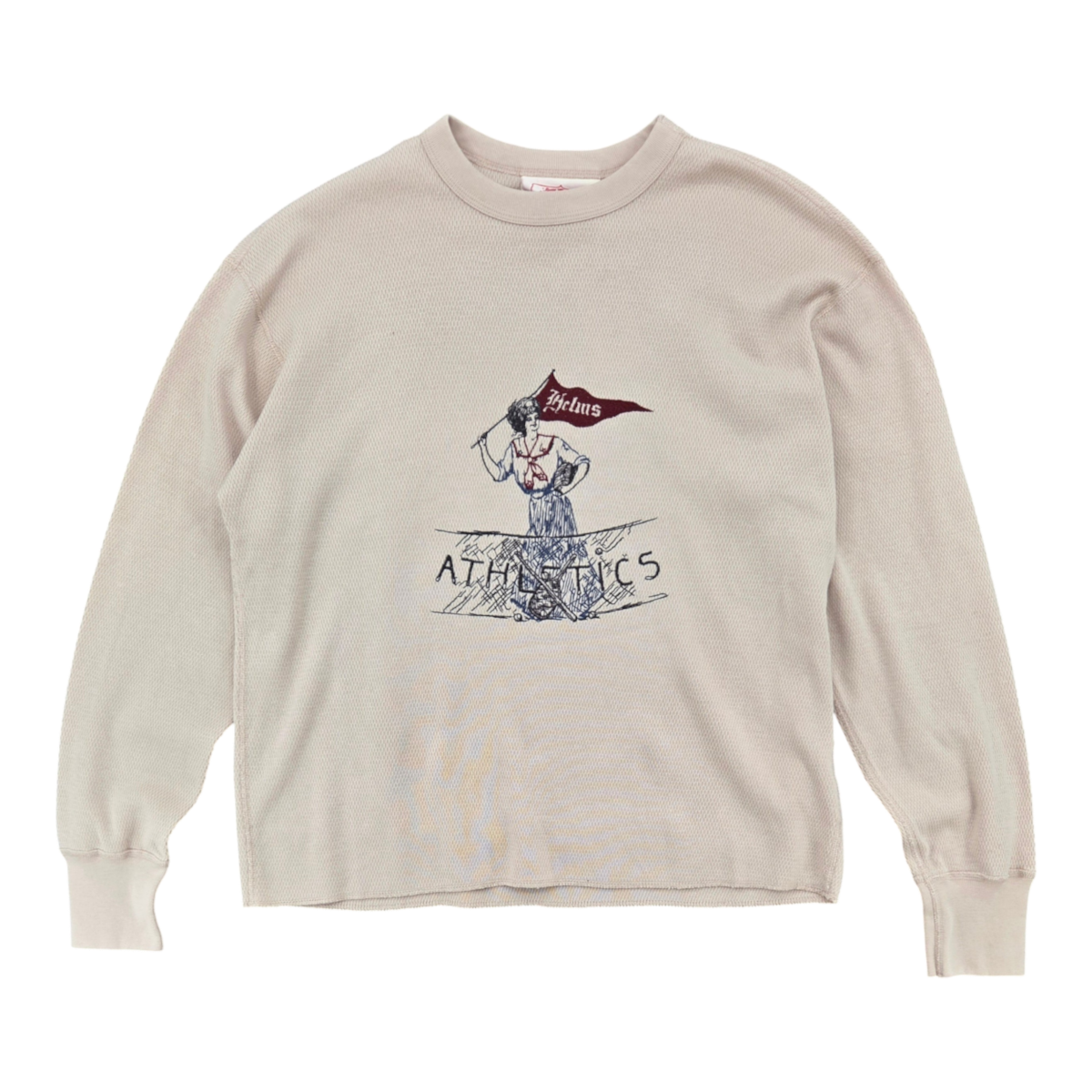 MILWORKS natural thermal long-sleeve shirt featuring multicolor vintage-style athletics embroidery on the chest
