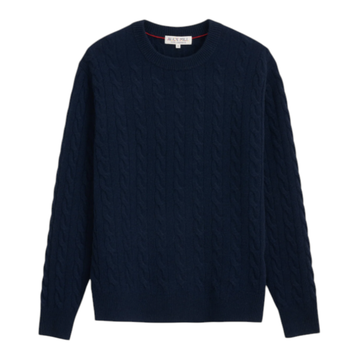 MILWORKS navy blue 100% cashmere cable knit sweater with a classic crew neck and contrast back neck chain stitch.
