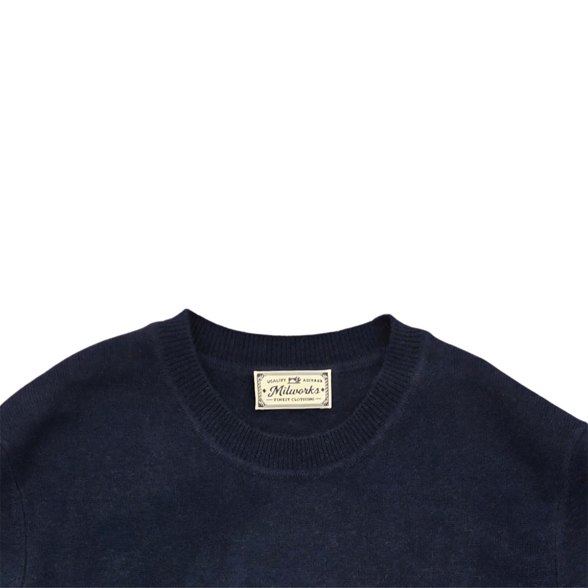 MILWORKS navy blue 100% cashmere crew neck sweater with ribbed collar and interior brand label