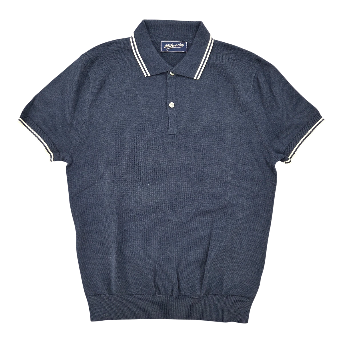 MILWORKS navy blue short sleeve knit polo shirt with white tipping on collar and cuffs, made from 95% cotton and 5% cashmere.