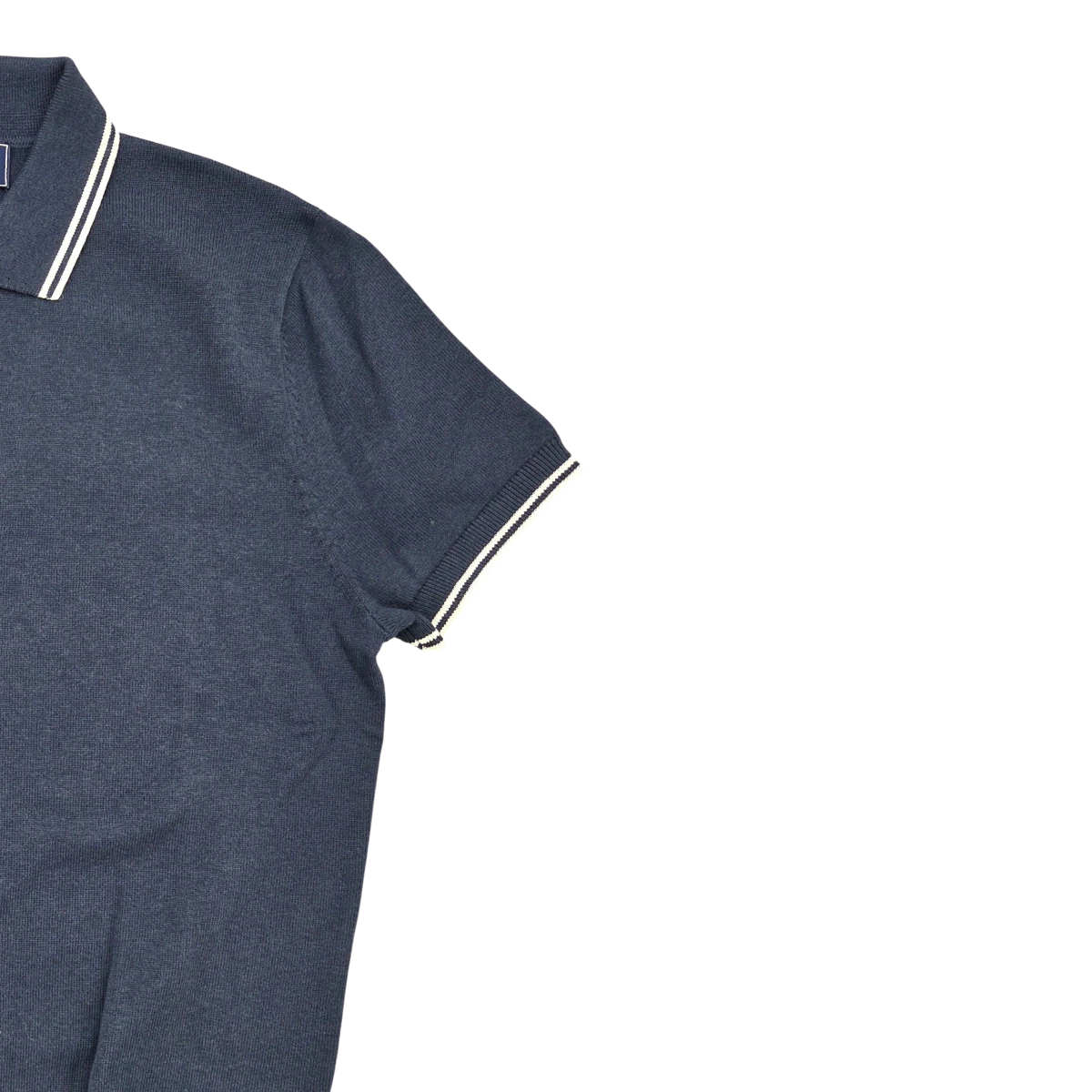 MILWORKS navy blue short sleeve knit polo shirt with white trim on collar and cuffs, made of 95% cotton and 5% cashmere.