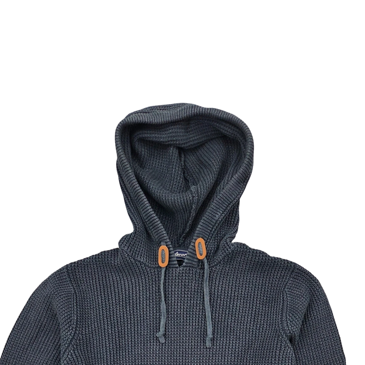 MILWORKS washed navy hooded sweater in a textured recycled cotton blend knit with leather drawstring accents