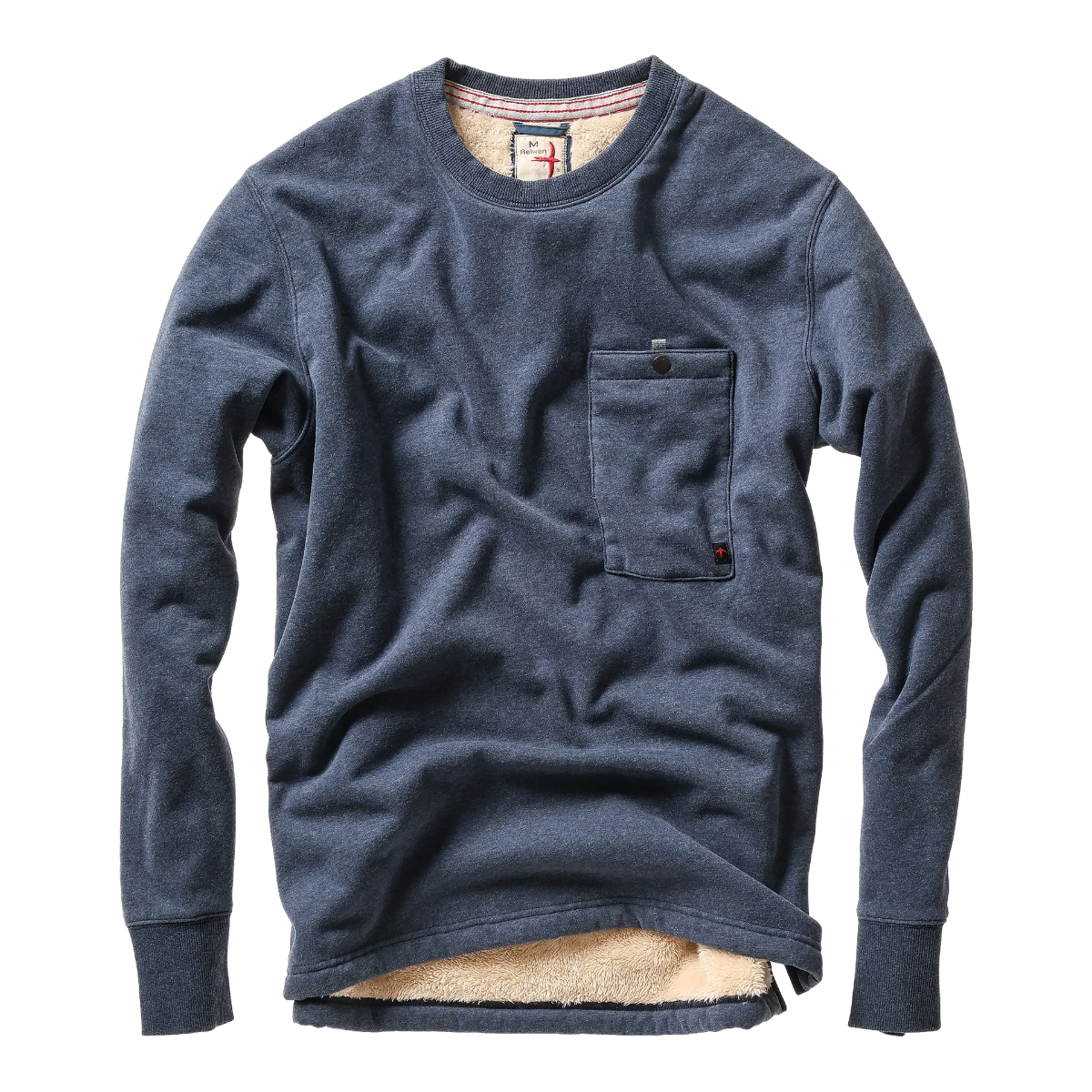 MILWORKS navy heather crewneck sweatshirt with sherpa lining, chest pocket, and ribbed cuffs.
