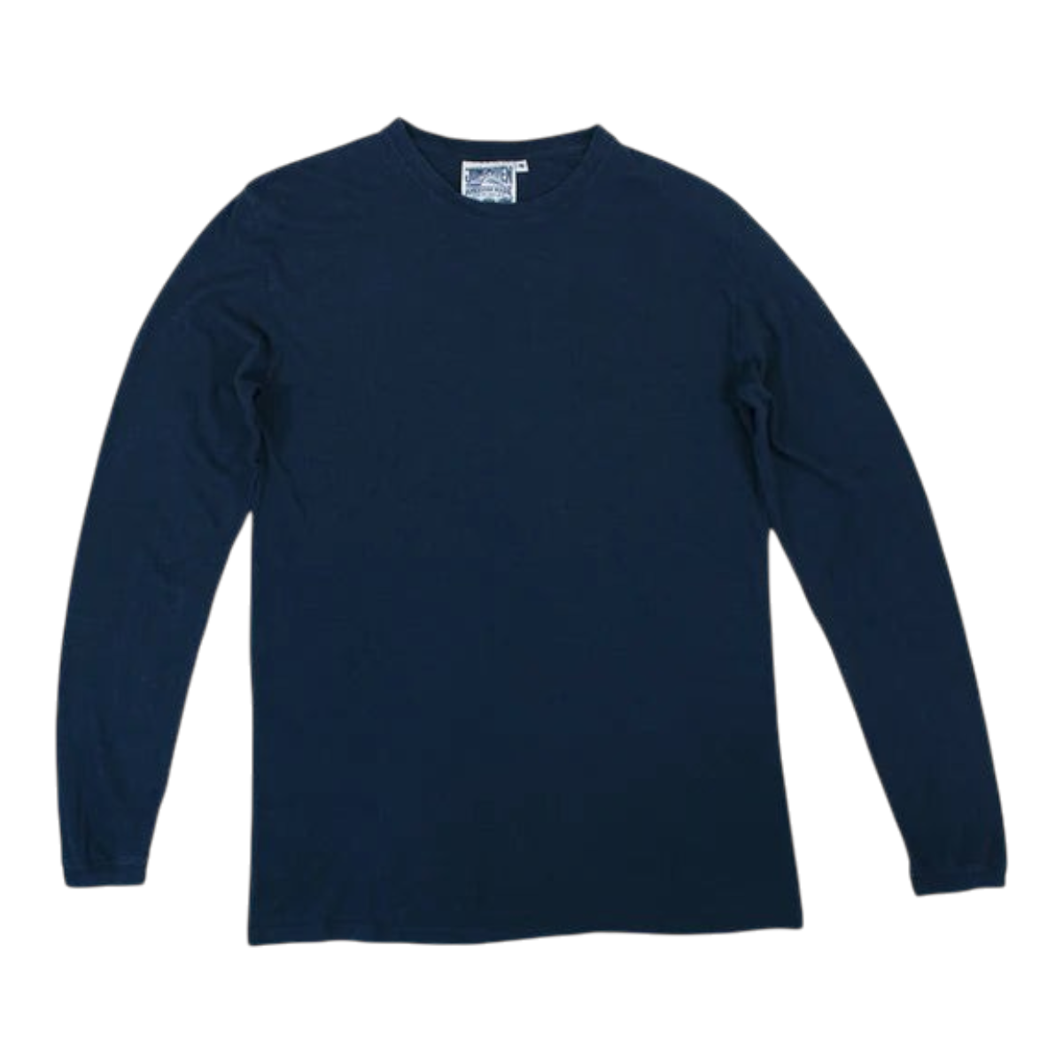 MILWORKS navy blue long sleeve crewneck tee made from a soft hemp and organic cotton slub jersey blend
