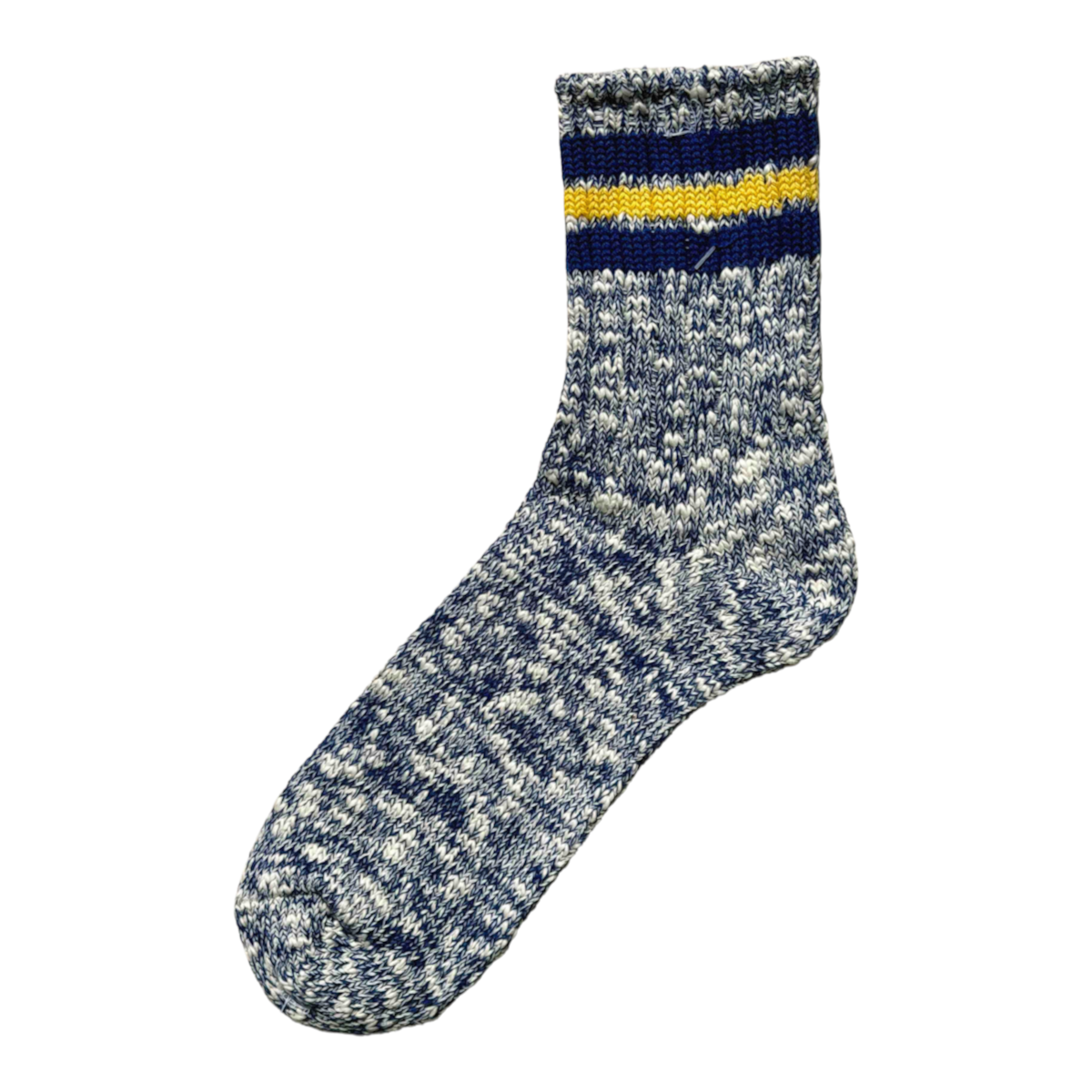 MILWORKS A Hope Hemp navy and white speckled cotton hemp blend crew sock with a yellow and navy striped cuff