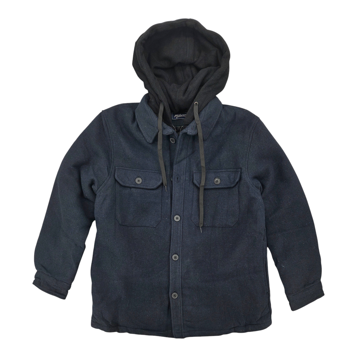 MILWORKS navy hooded utility jacket with dual chest flap pockets and tonal buttons in a brushed fabric blend.