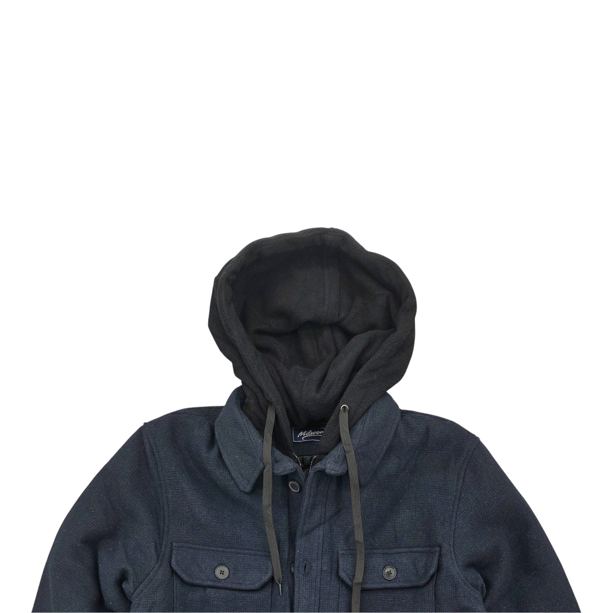 MILWORKS navy hooded utility jacket with dual chest flap pockets and tonal buttons in a brushed wool-blend fabric