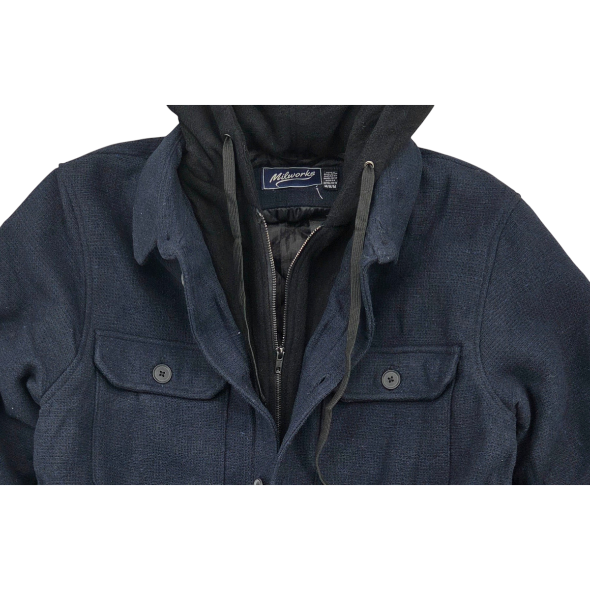 MILWORKS navy hooded utility jacket with dual chest flap pockets and a layered zip-up design