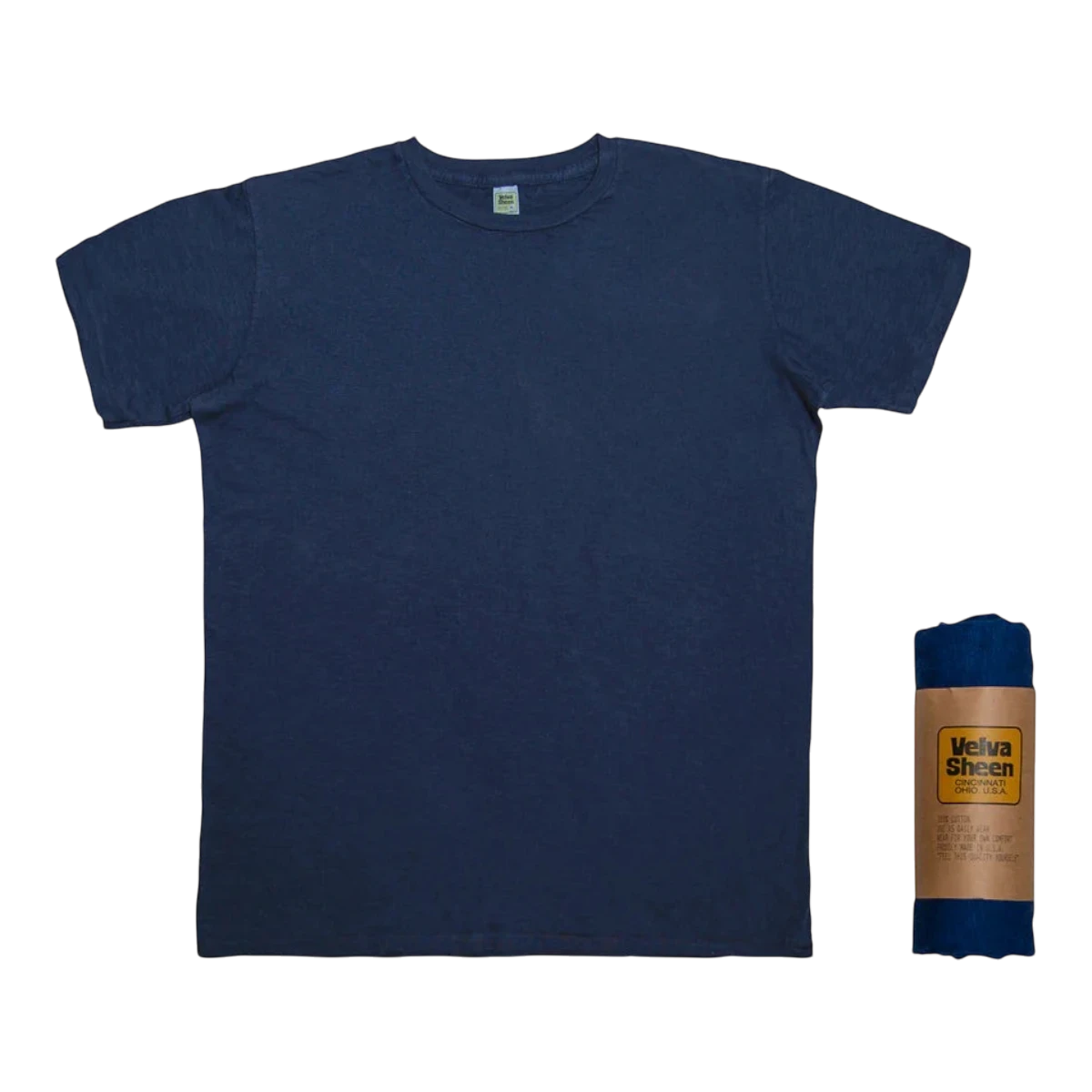 MILWORKS navy blue rolled crew neck tee made from US cotton fabric. Features a classic fit and short sleeves.