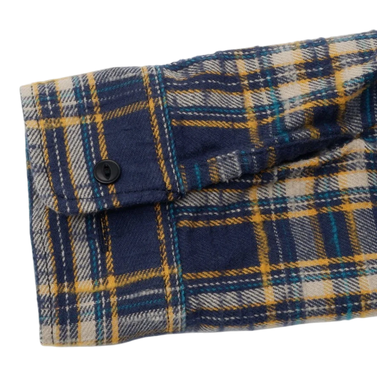 MILWORKS navy slub heavy flannel shirt cuff with textured check pattern and black button detail