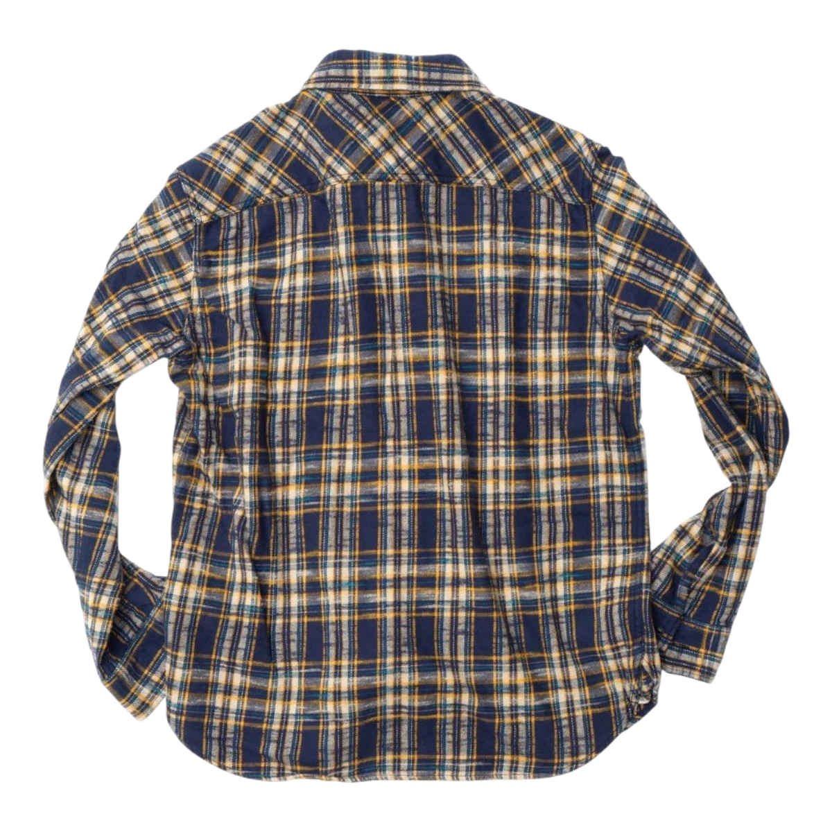 MILWORKS navy slub heavy flannel shirt with a small check pattern and textured brushed finish, back view
